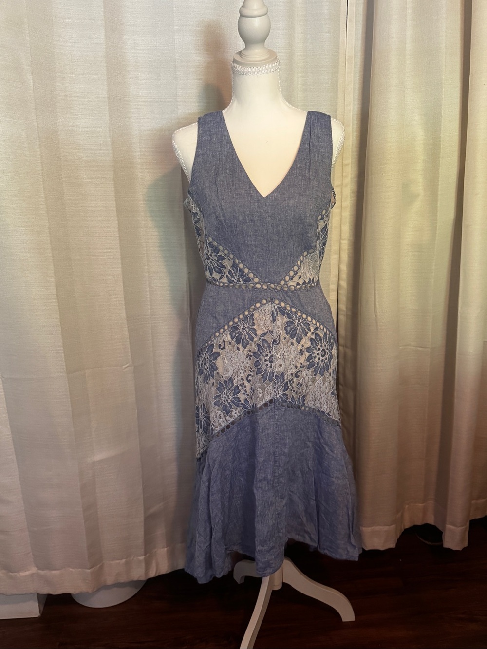 Taylor Chambray Blue Lace-Panel Midi Dress